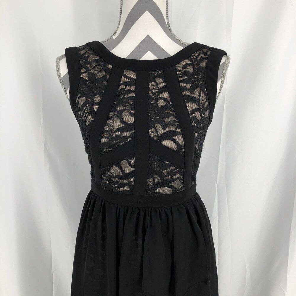MORGAN & CO Black Lace Overlay Walk Through Sleeveless HI Low Illusion Dress 3/4